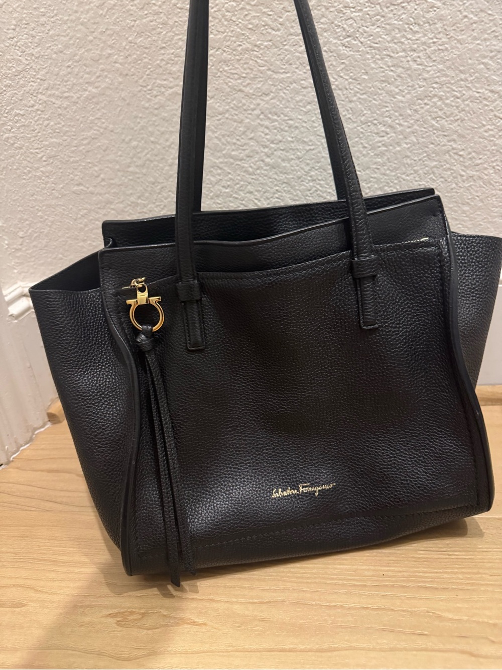 Salvatore Ferragamo Black Pebbled Leather Tote with Tassel